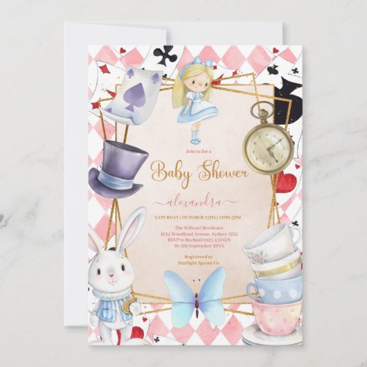Märchenhafte Alice im Wunderland Kinderdusche Einladung (Vorderseite)