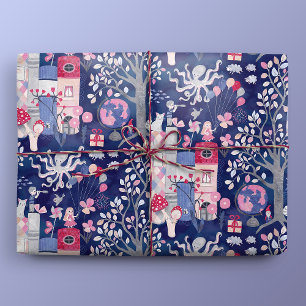 Märchenhafte Bücher und magische Kreaturen Blau Geschenkpapier