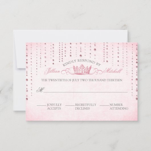 Märchenhafte Hochzeit Rosa Glitzern & Kronen RSVP Karte (Vorderseite)