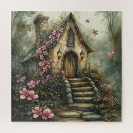 Märchenhafte Hütte mit rosa Blume Puzzle