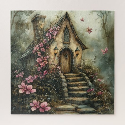 Märchenhafte Hütte mit rosa Blume Puzzle (Vertikal)