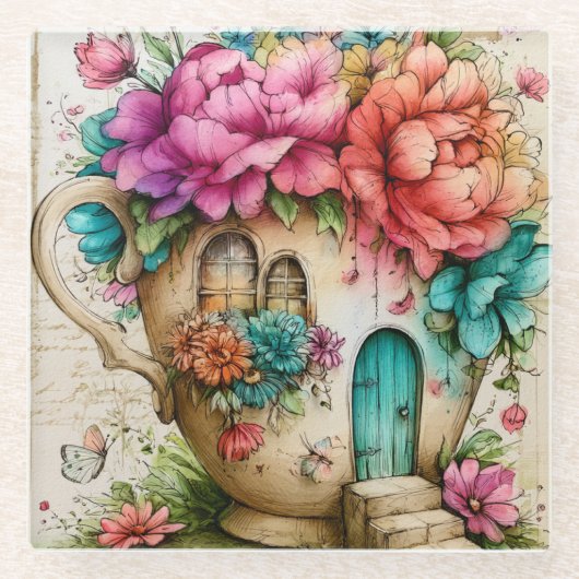Märchenhafter Blumenteetassen-Cottage Glasuntersetzer (Vorderseite)