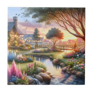 Märchenhafter Cottage-Garten-Sonnenuntergang Fliese