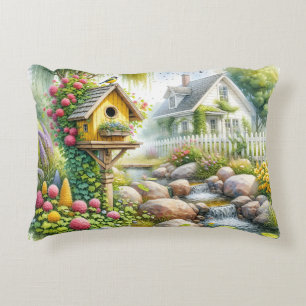 Märchenhafter Cottage-Garten-Vogelhaus-Bach Dekokissen