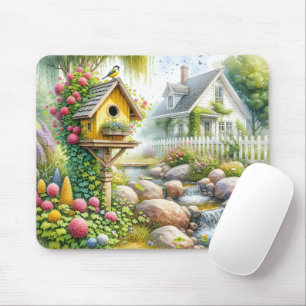 Märchenhafter Cottage-Garten-Vogelhaus-Bach Mousepad