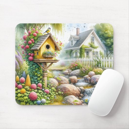 Märchenhafter Cottage-Garten-Vogelhaus-Bach Mousepad (Mit Mouse)