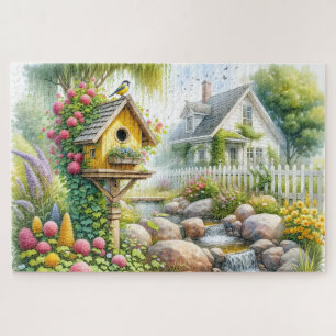 Märchenhafter Cottage-Garten-Vogelhaus-Bach Puzzle