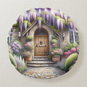 Märchenhafter Cottage-Gartenweg Rundes Kissen