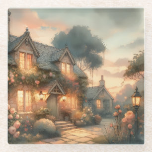 Märchenhaftes Cottage bei Sonnenuntergang mit Rose Glasuntersetzer