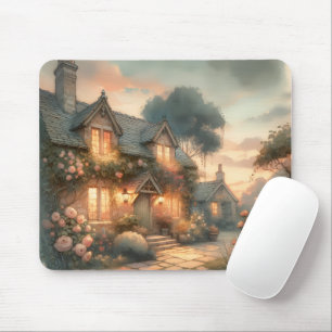 Märchenhaftes Cottage bei Sonnenuntergang mit Rose Mousepad