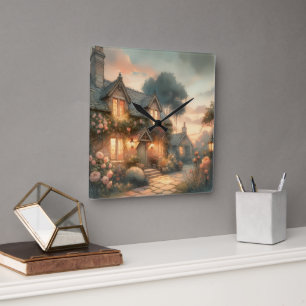 Märchenhaftes Cottage bei Sonnenuntergang mit Rose Quadratische Wanduhr