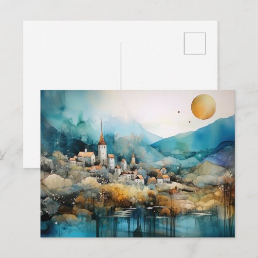 Märchenhaftes Dorf Wasserfarben Postkarte (Vorne/Hinten)