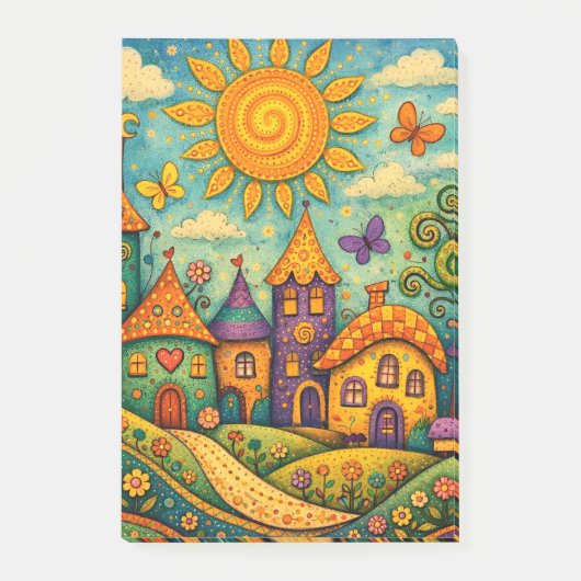 Märchenhaftes Feendorf Farbige Leinwandkunst Post-it Klebezettel (Vorderseite)