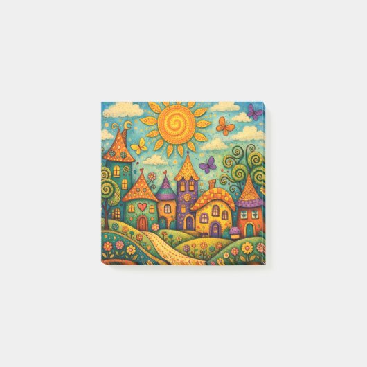 Märchenhaftes Feendorf - Farbige Leinwandkunst Post-it Klebezettel (Vorderseite)