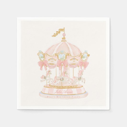 Märchenhaftes Rosa Mädchen Karussell Erste Geburts Serviette (Vorderseite)