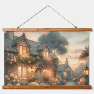 Märchenhaus bei Sonnenuntergang mit Rosen Wandteppich Mit Holzrahmen