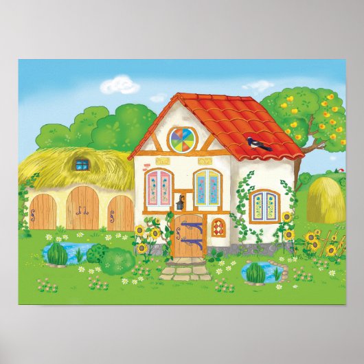 Märchenhaus mit rotem Cartoon und Patio Poster (Vorne)