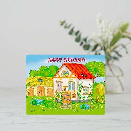 Märchenhaus mit rotem Dachgarten Folien Feiertagspostkarte (Stehend vorne)