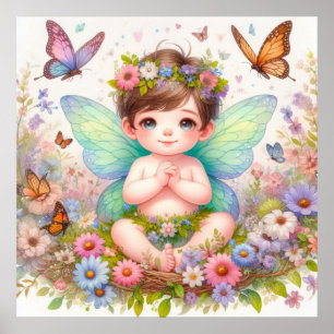 Märchenjunge und pastellfarbene Blume Aquarell Poster