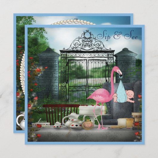 Märchenland-Flamingo-Schlückchen u. sehen Einladung (Vorne/Hinten)