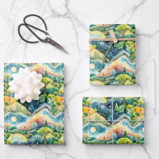 Märchenlandschaft Grün Orange Geschenkpapier Set (Vorderseite)