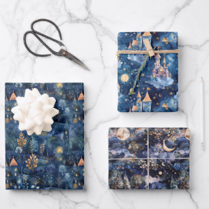 Märchenlandschaft Navy Blau Nacht  Geschenkpapier Set