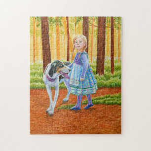 Märchenmädchen mit Hund im Wald Puzzle