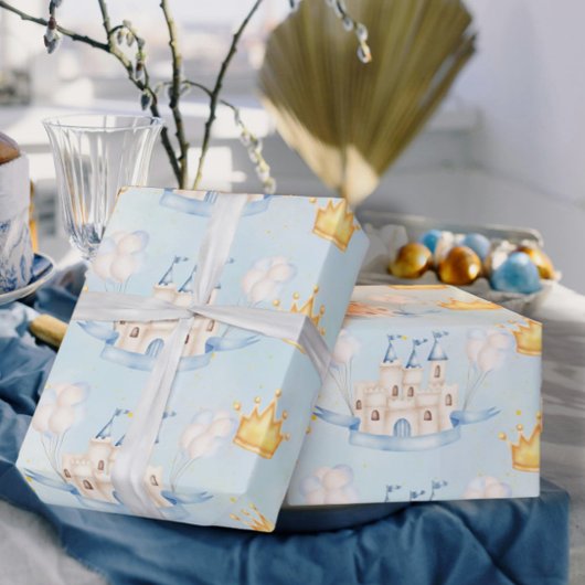 Märchenmagie Burg Goldkrone blaue Ballons Geschenkpapier
