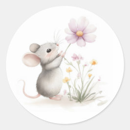 Märchenmaus pflückt rosa Wildblume Runder Aufkleber