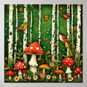 Märchenpilze und Vögel Enchanted Forest Poster