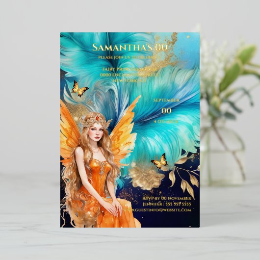 Märchenprinzessin aquamarin orange-mythisches Märc Folieneinladung (Stehend vorne)