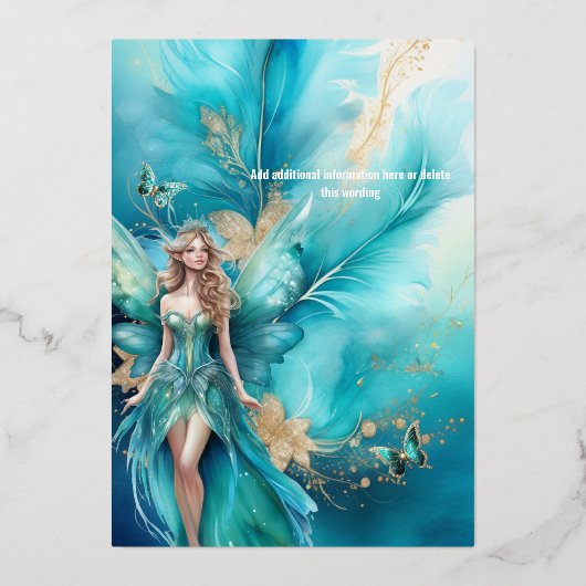 Märchenprinzessin aquamarines Gold Folieneinladung (Rückseite)