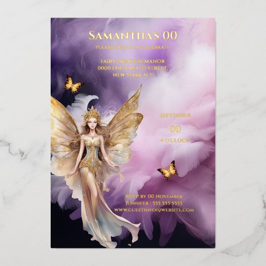Märchenprinzessin lila Gold Folieneinladung (Vorderseite)