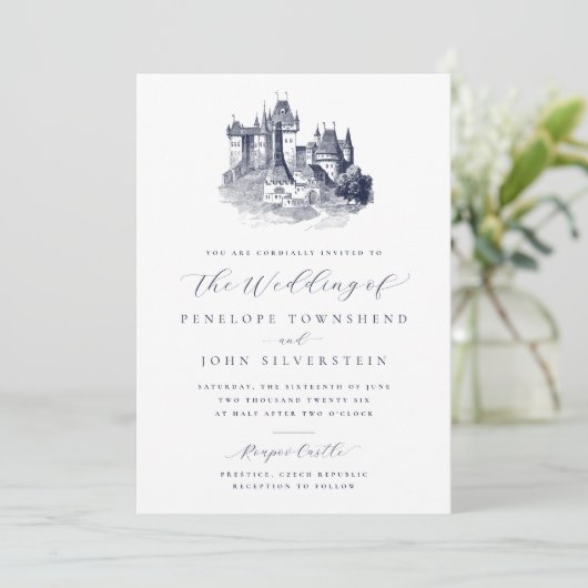 Märchenschloss-Illustrationsskript Hochzeit Einladung (Stehend Vorderseite)
