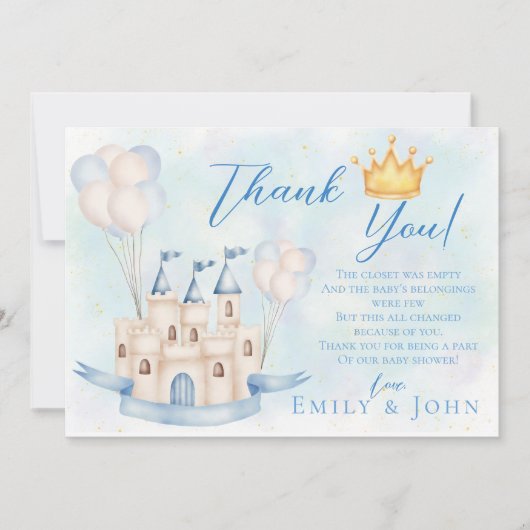 Märchenschloss Kronblauer Ballonjunge Dankeskarte (Vorderseite)