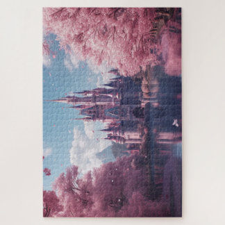 Märchenschloss-Puzzle mit rosa Kirschblüten Puzzle