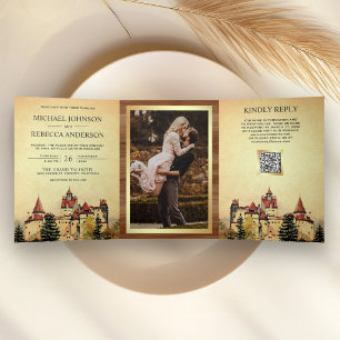 Märchenschloss Storybook QR-Code Hochzeit Dreifach Gefaltete Einladung