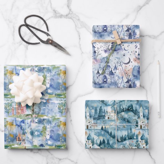 Märchenschlösser Blau Geschenkpapier Set (Vorderseite)