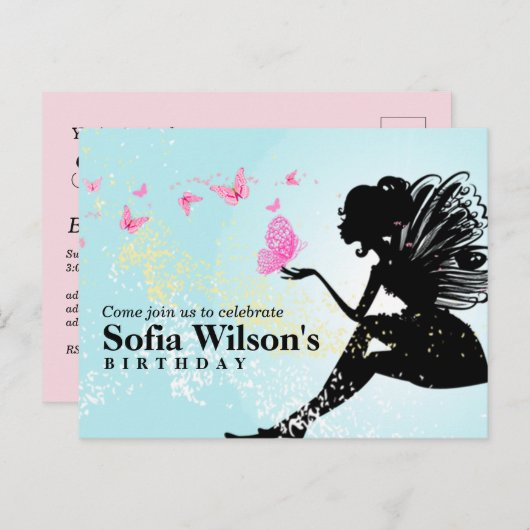 Märchenschmetterling Geburtstag Postkarteneinladun Einladungspostkarte (Vorne/Hinten)