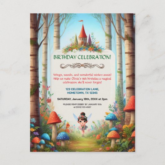 Märchenwald-Geburtstagseinladung Postkarte (Vorderseite)