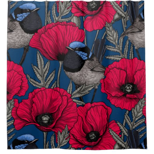 Märchenwren und Mohn Duschvorhang (Vorderseite)