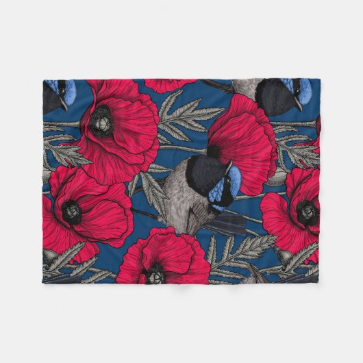 Märchenwren und Mohn Fleecedecke (Vorderseite (Horizontal))