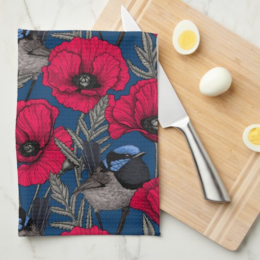 Märchenwren und Mohn Geschirrtuch (Viertel Falte)