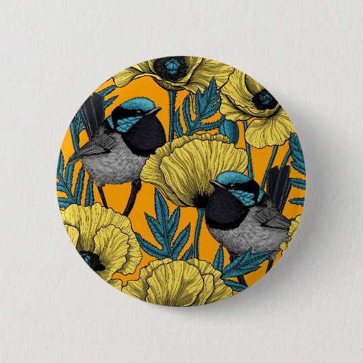 Märchenwren und Mohn in Gelb Button (Vorderseite)