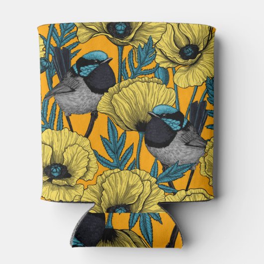 Märchenwren und Mohn in Gelb Dosenkühler (Rückseite)