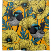 Märchenwren und Mohn in Gelb Duschvorhang (Vorderseite)