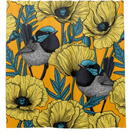 Märchenwren und Mohn in Gelb Duschvorhang (Vorderseite)