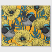 Märchenwren und Mohn in Gelb Geschenkpapier (Flach)