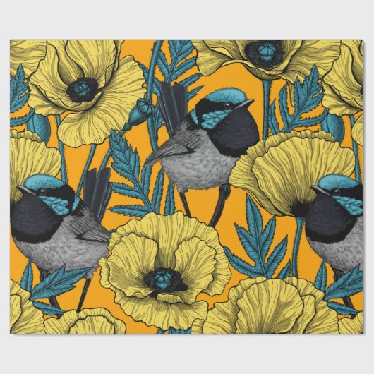 Märchenwren und Mohn in Gelb Geschenkpapier (Flach)