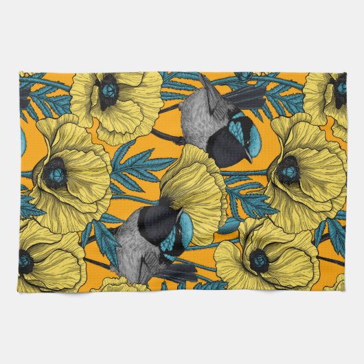 Märchenwren und Mohn in Gelb Geschirrtuch (Horizontal)